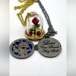 Set of Two Disney Beauty and the Beast Stained Glass Rose Locket Necklace
